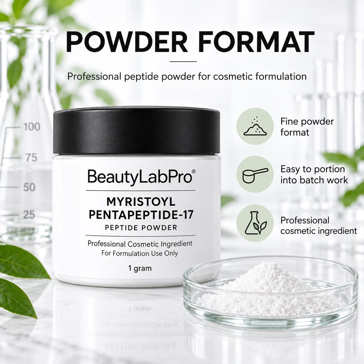 Myristoyl Pentapeptide-17 fine powder beside a white cosmetic ingredient jar