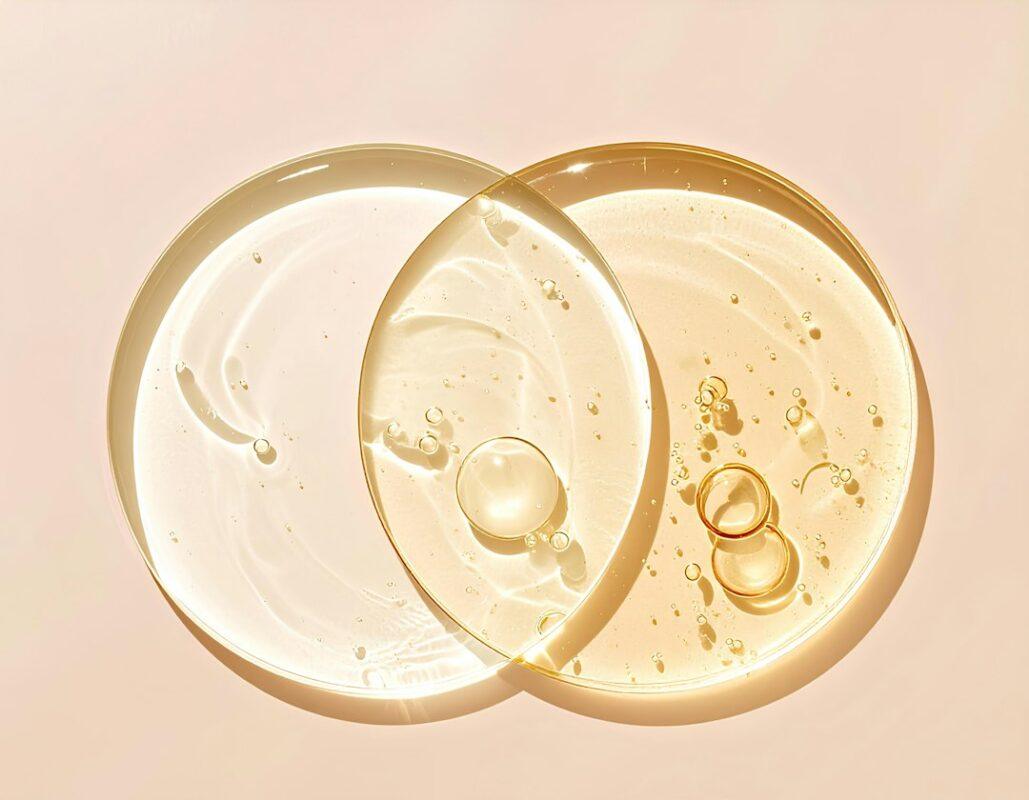Glossy cosmetic gel and serum textures illustrating trapped air and bubble troubleshooting in formulation