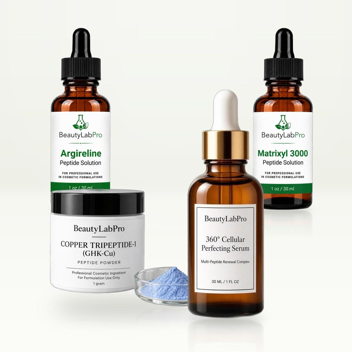 BeautyLabPro 360 Cellular Perfecting Serum bottle with Argireline and Matrixyl 3000 peptide solutions and a jar of GHK-Cu peptide powder on a light background
