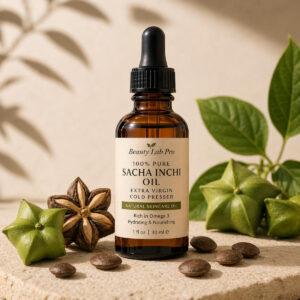 Sacha Inchi Oil, Cold Pressed, 1 fl oz amber dropper bottle with sacha inchi seeds by BeautyLabPro