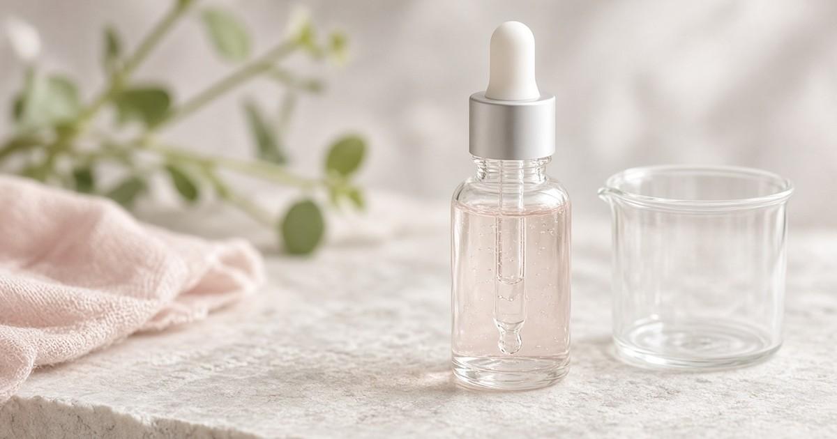 Soft skincare lab aesthetic: clear serum dropper bottle and glass beaker on stone, no text